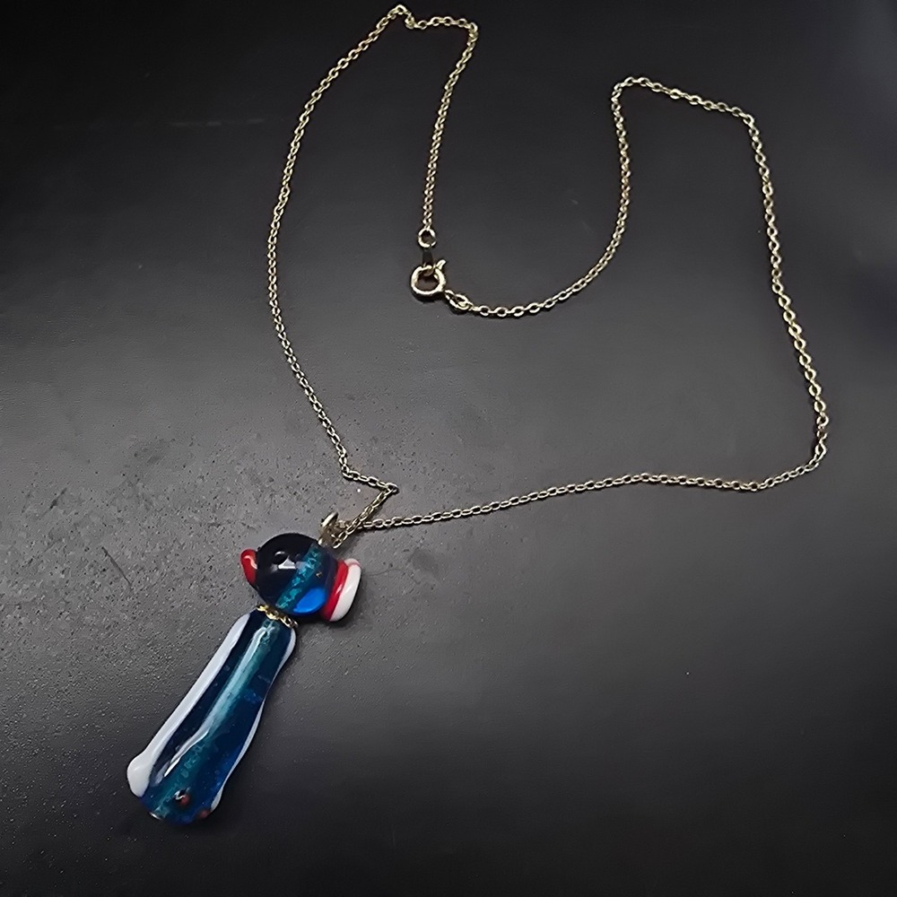 Blown Glass Penguin Pendant Necklace Sailors Hat Murano Style